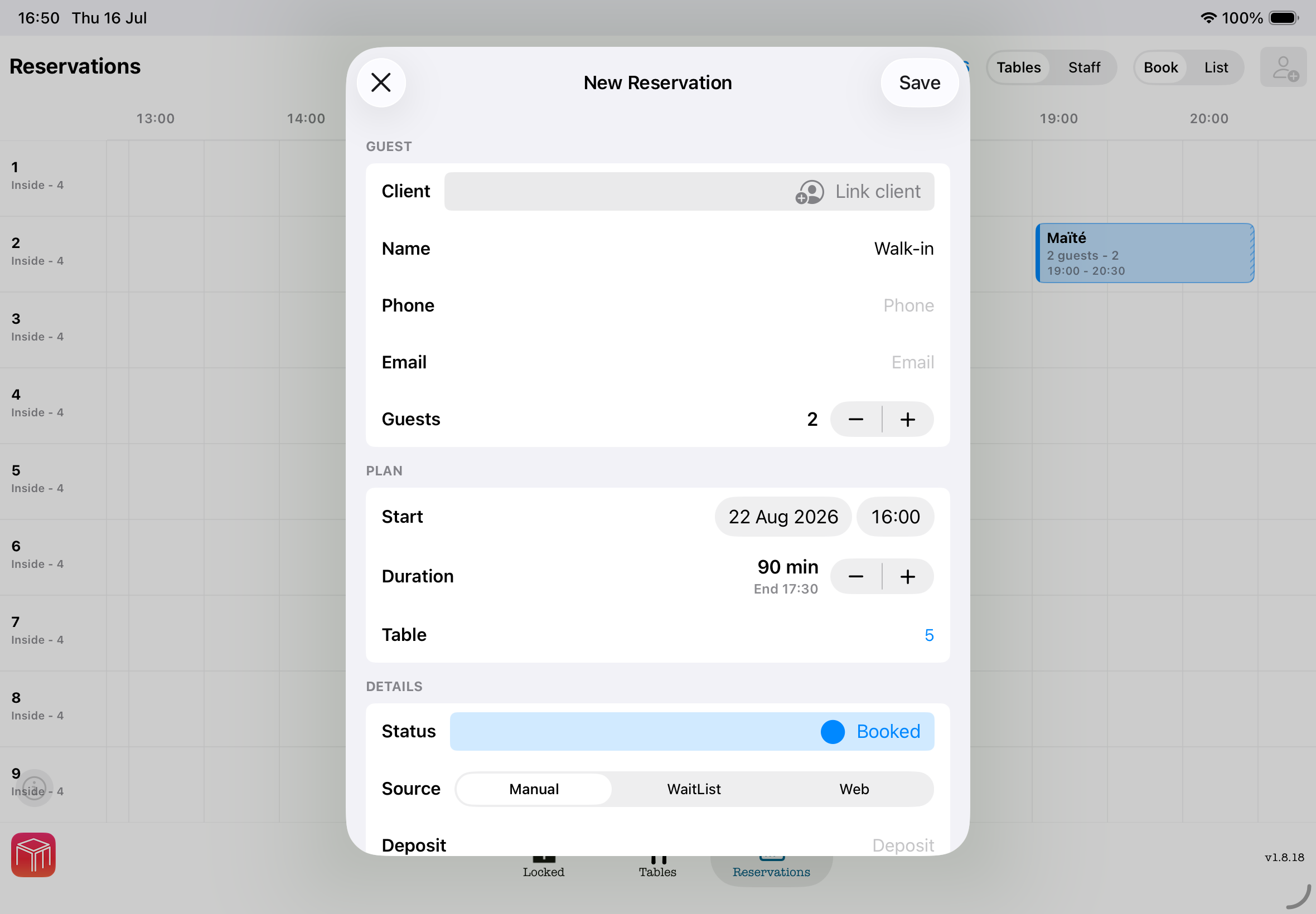 WaiterOne reservation planner and new reservation form