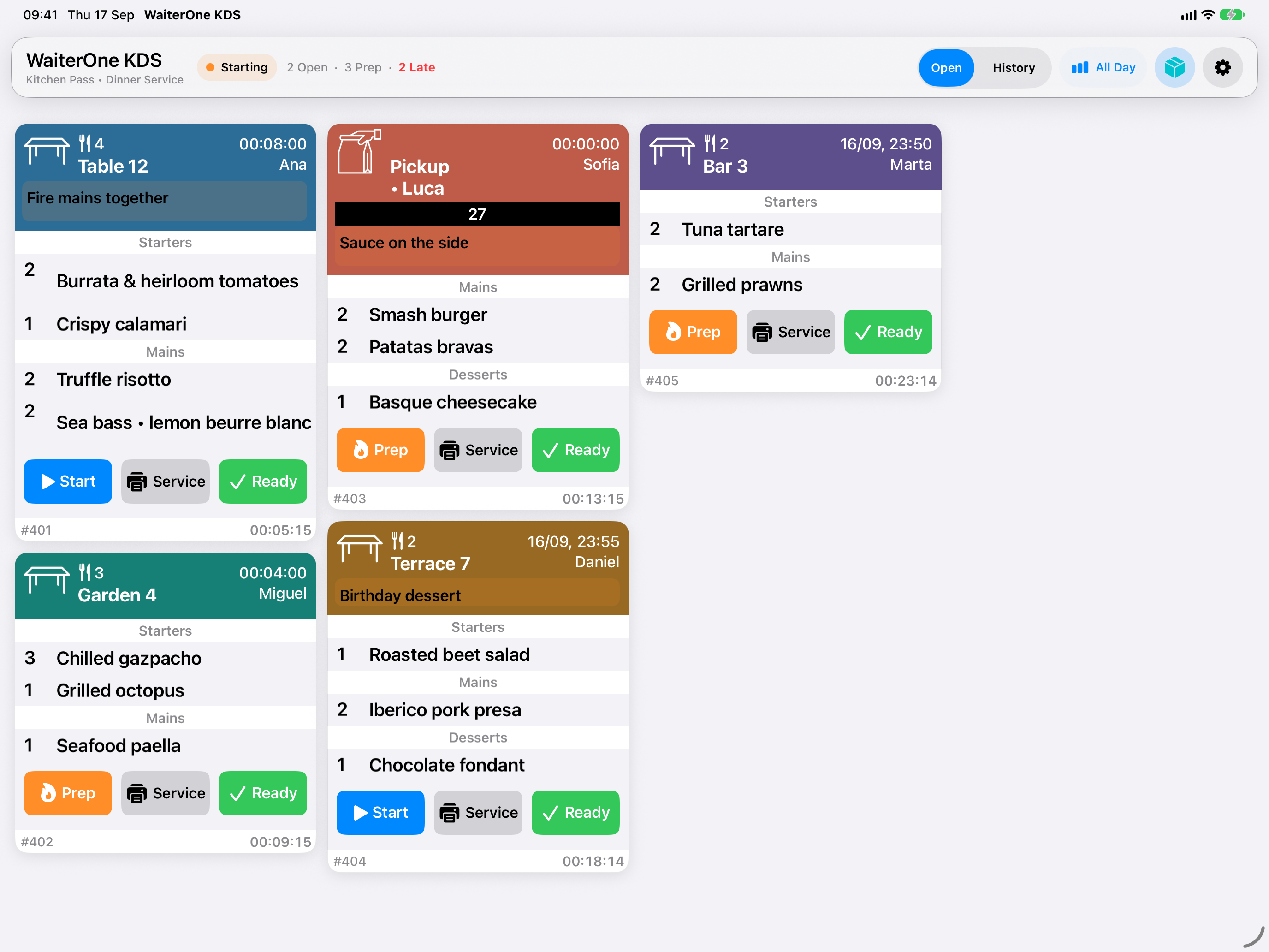Vue d'ensemble de WaiterOne KDS avec bons de cuisine et outils Préparation et stock