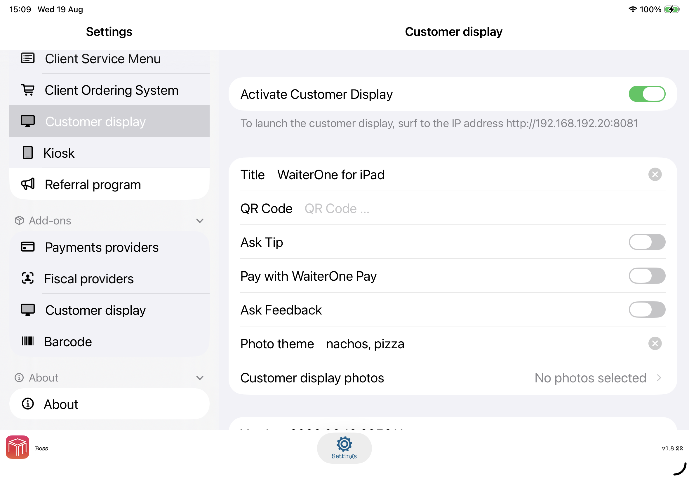 WaiterOne Settings > General > Customer Display screen with Activate Customer Display enabled, the local URL, Photo theme, and Customer display photos.