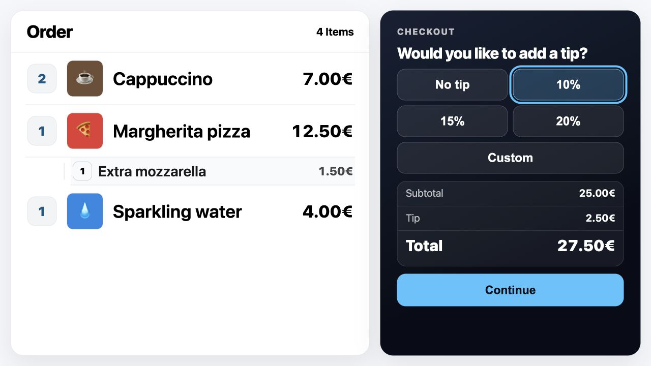 Customer Display checkout showing No tip, 10, 15, and 20 percent choices, a custom tip option, subtotal, tip, total, and Continue.