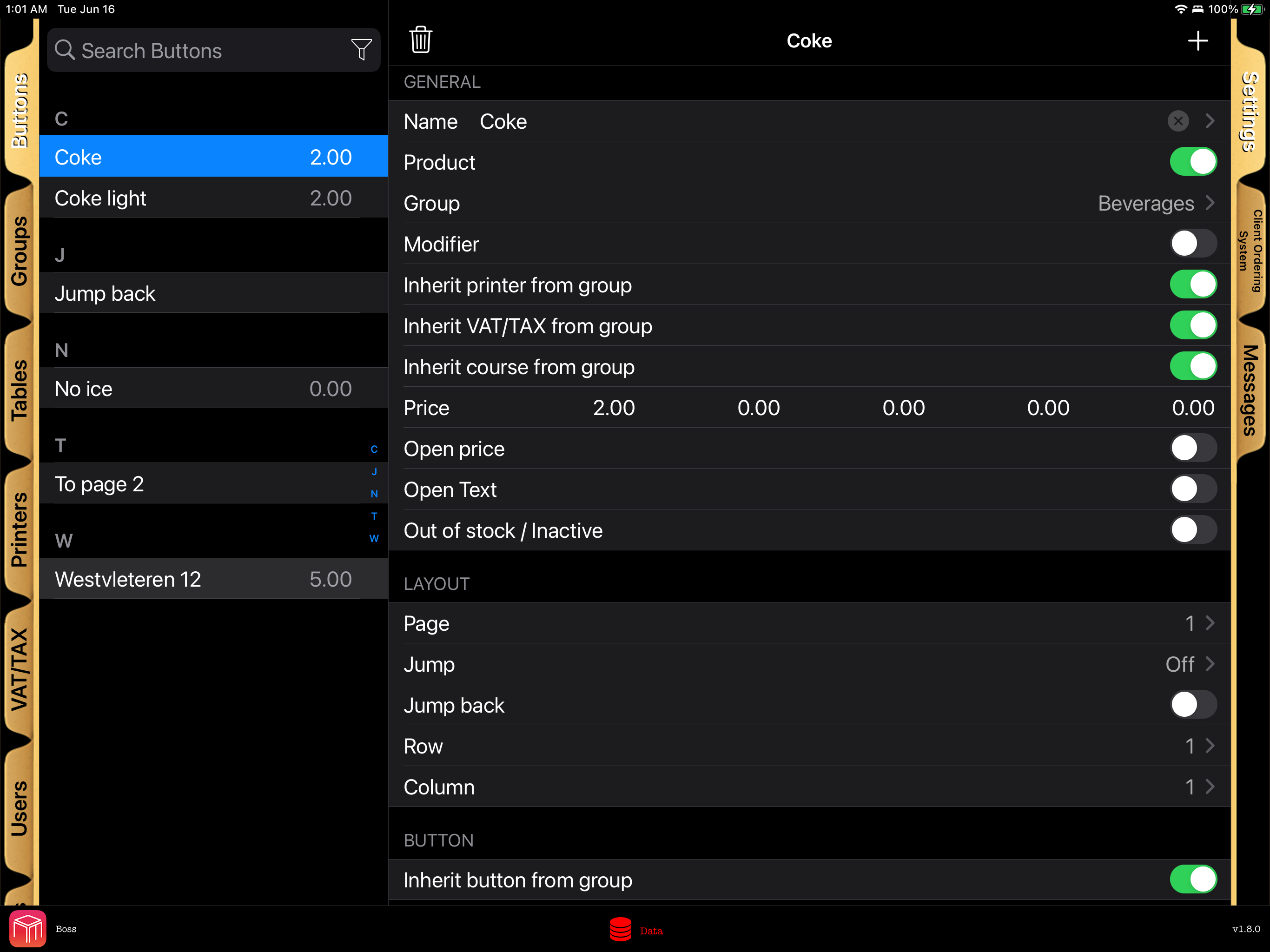 WaiterOne POS menu button settings screen showing product pricing, modifiers, open price and jump options