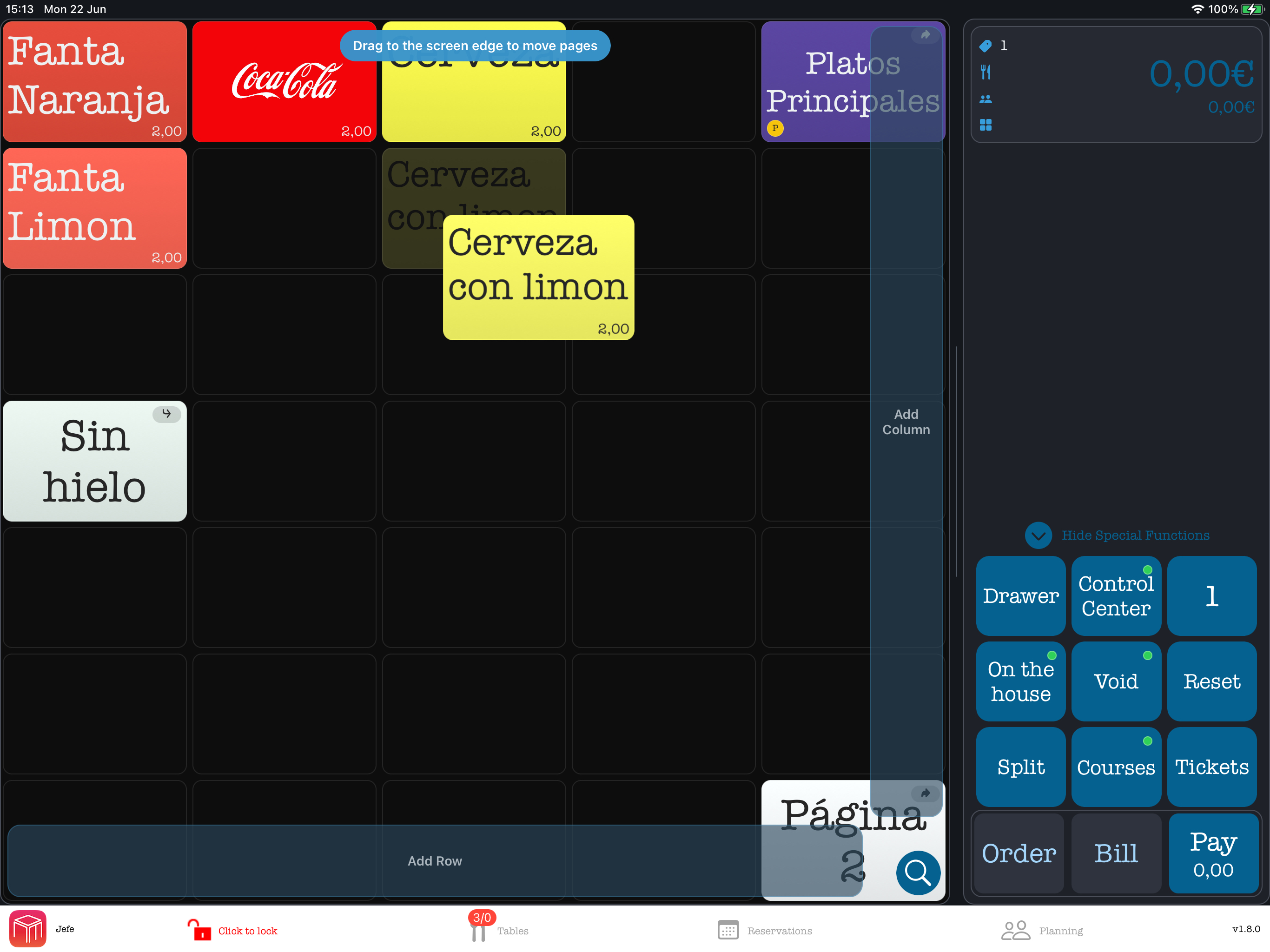 WaiterOne POS moving a menu button after touching and holding it on the grid