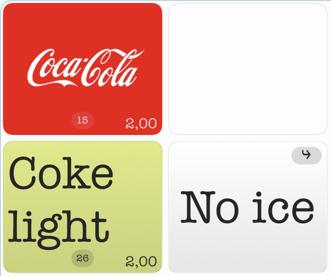 Pulsanti prodotto di WaiterOne POS con badge della quantità di scorte rimaste per Coke e Coke light