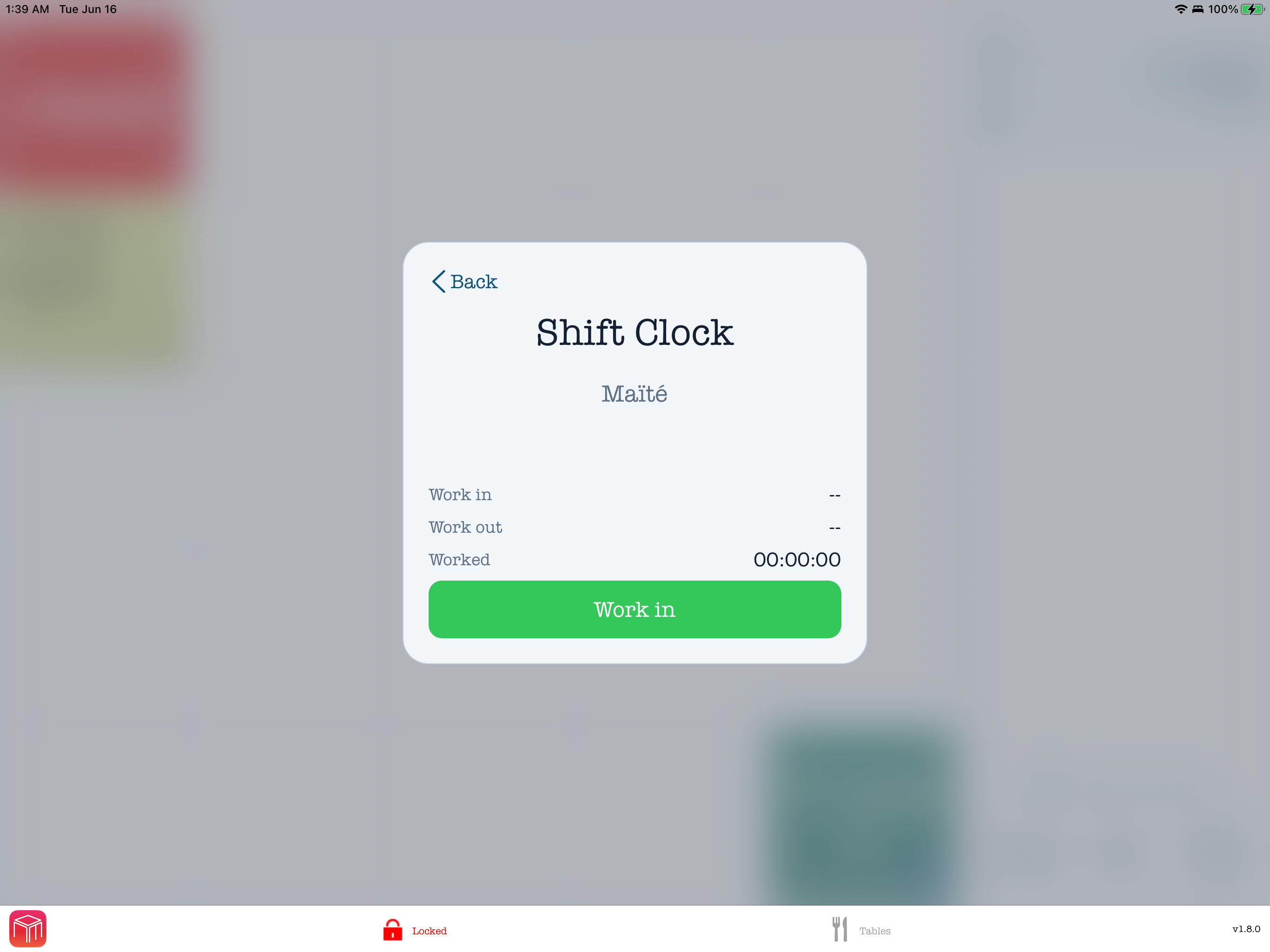 WaiterOne POS Shift Clock screen for staff Work In and Work Out time tracking