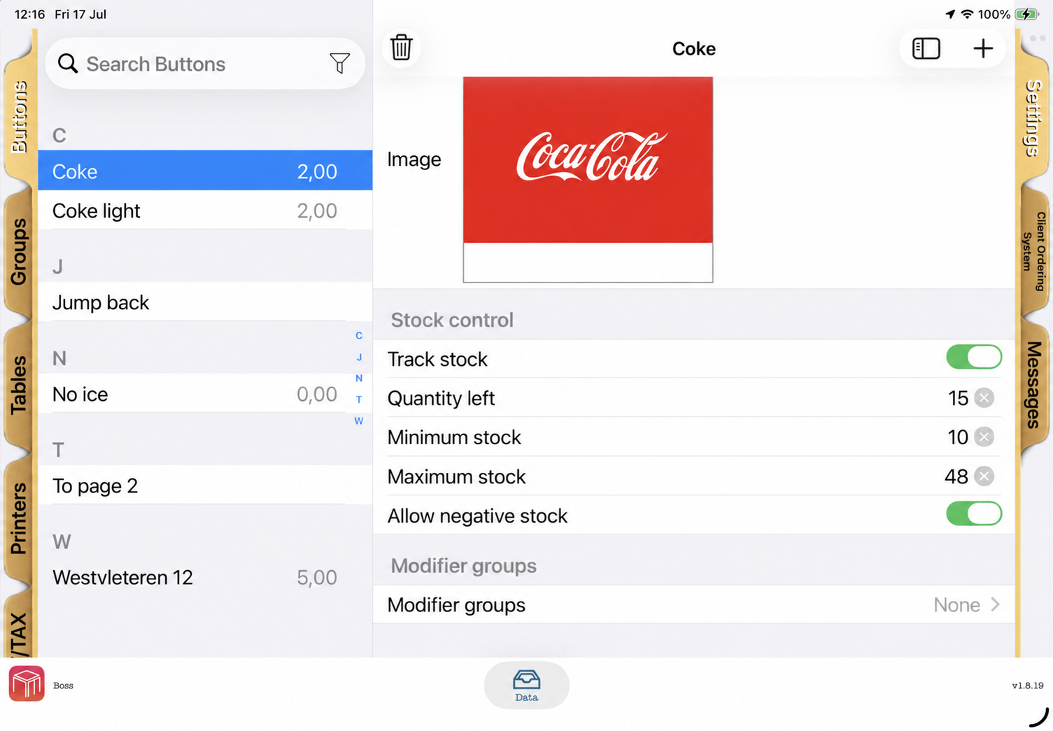 Réglages du suivi de stock d'un produit dans WaiterOne POS avec quantité restante, stock minimum, stock maximum et stock négatif