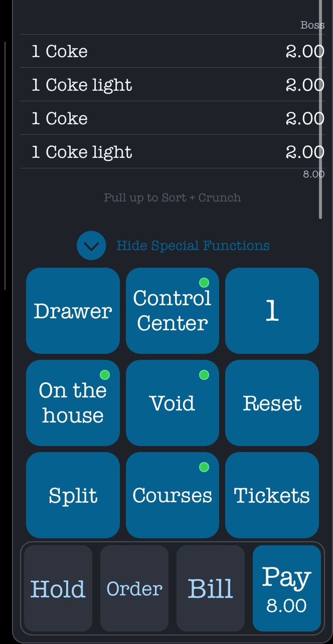 WaiterOne POS ticket screen showing Pull up to Sort and Crunch, Special Functions, and Hold Order Bill Pay buttons