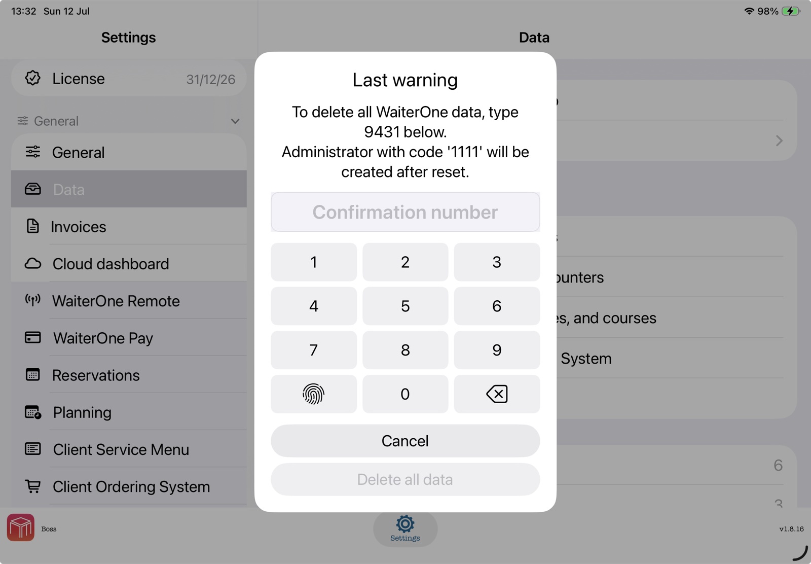 WaiterOne Settings Data reset confirmation showing the warning, confirmation number, built-in numeric keypad, Touch ID key, Cancel button, and disabled Delete all data button