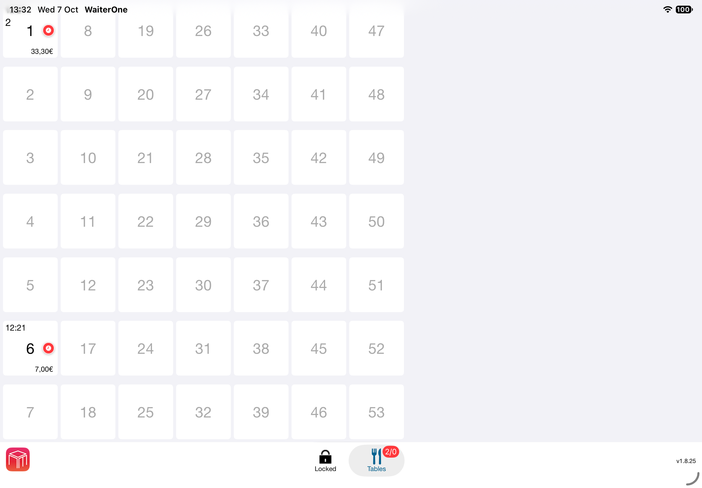 Classic table view with numbered square buttons in an ordered grid
