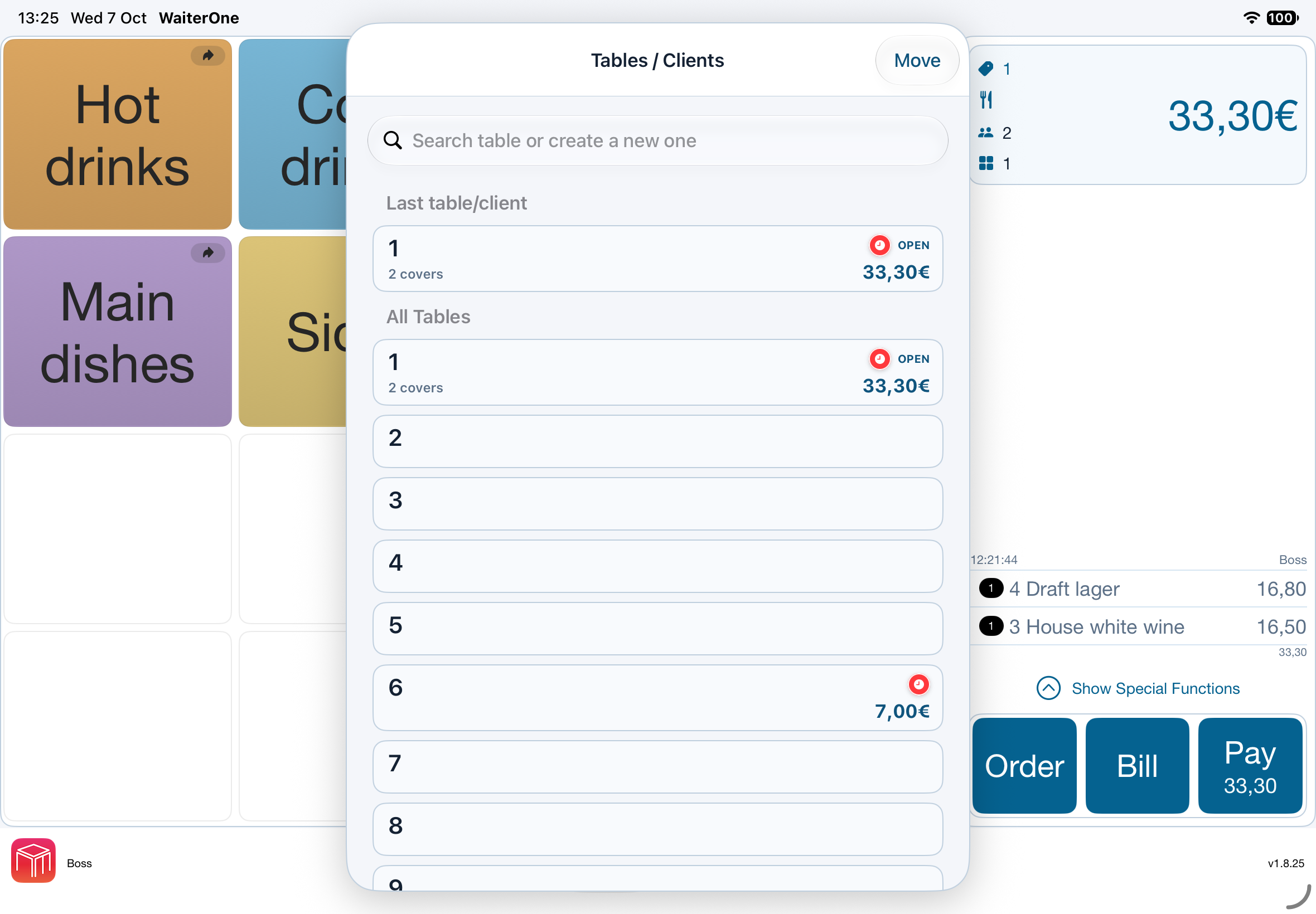 Tables / Clients popup with search, recent tables, and the full table list
