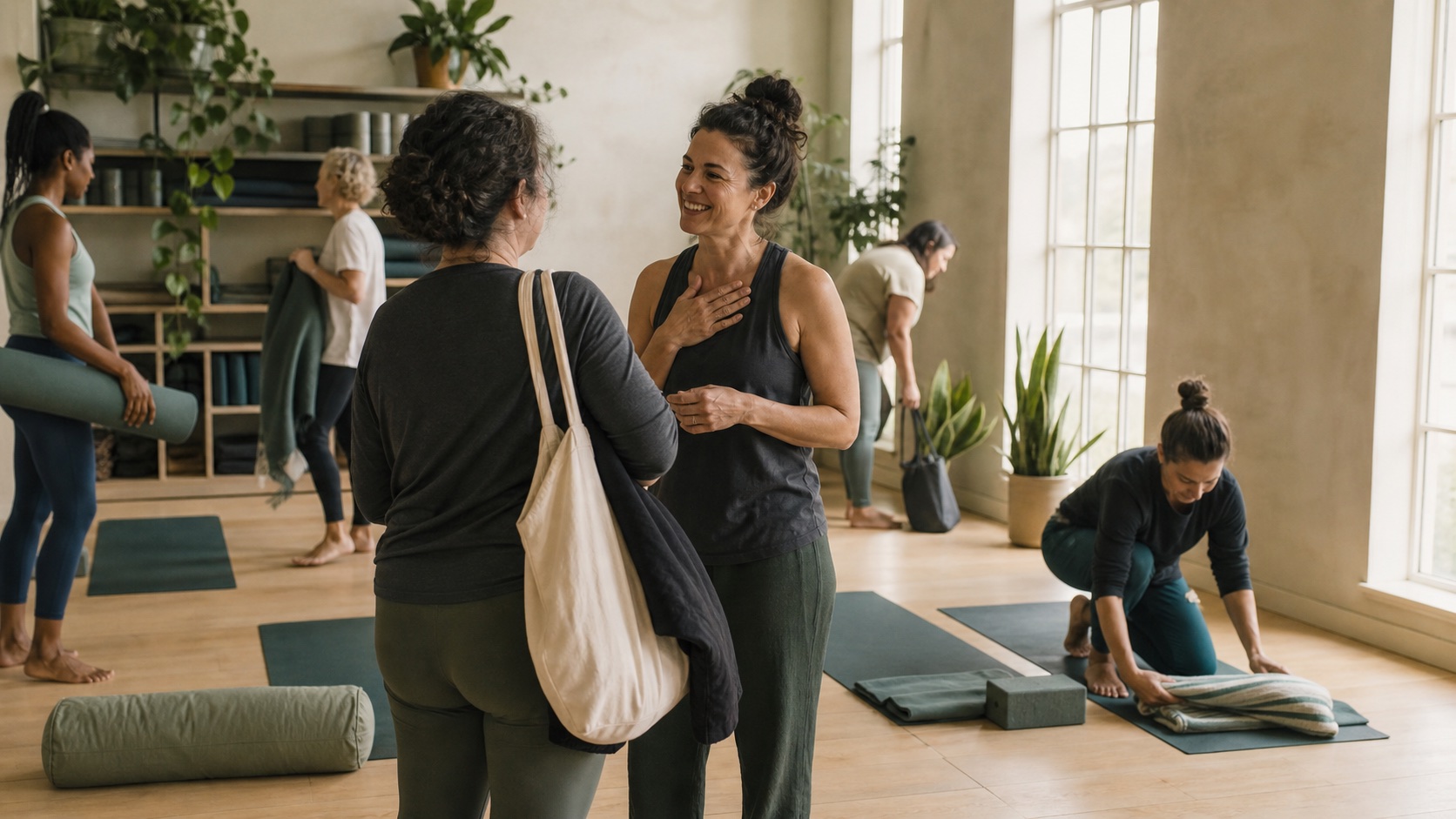 People arriving for a yoga class