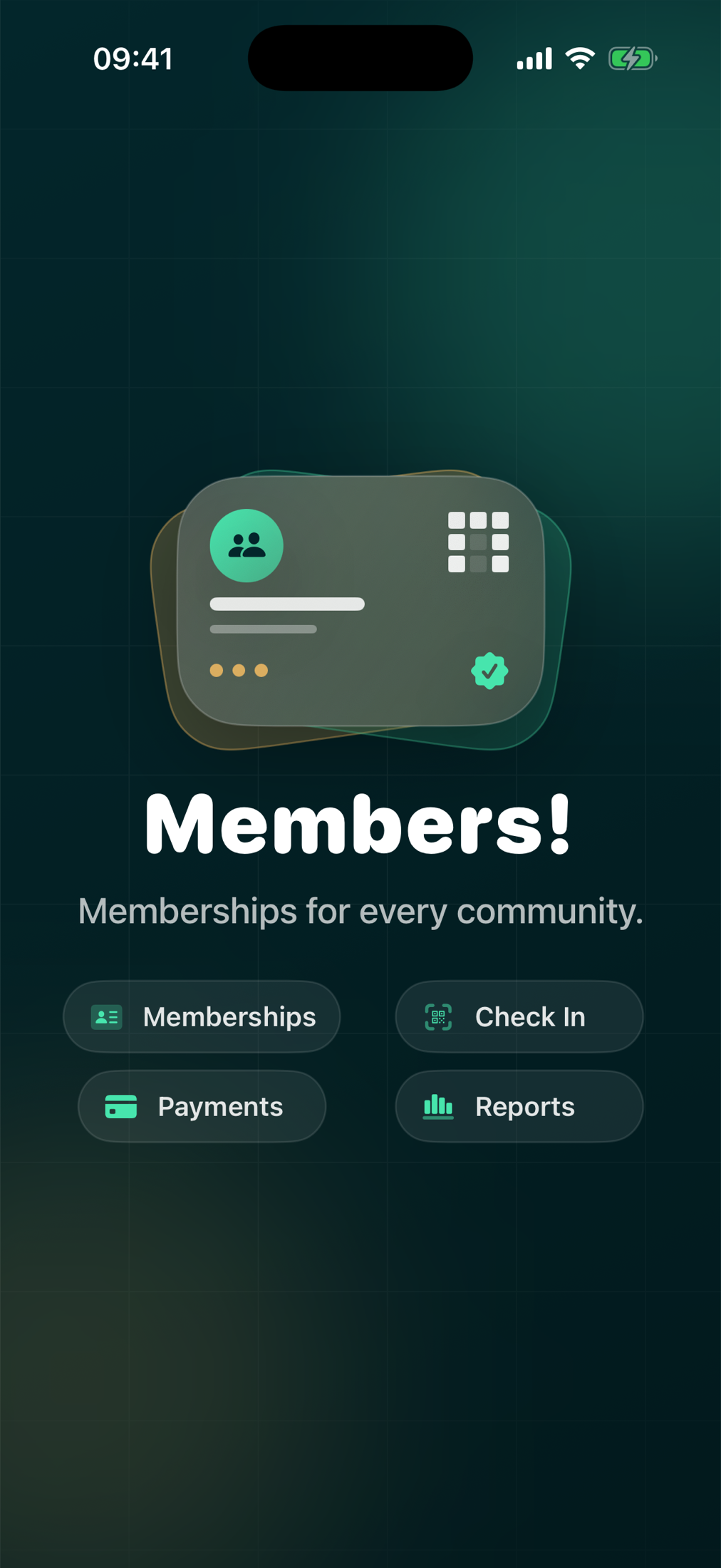 Members app showing memberships, check-in, payments and reports