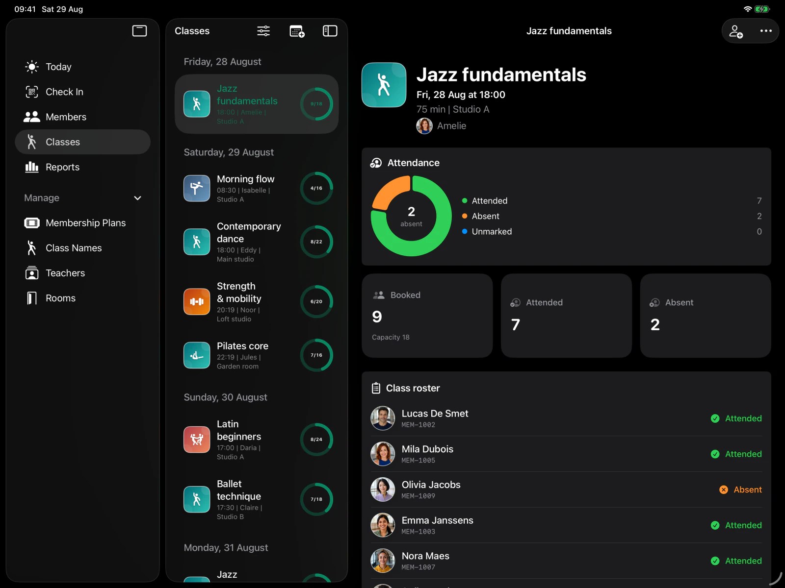Members Classes in dark mode showing the real iPad sidebar, teacher, class artwork, attendance and photographed roster