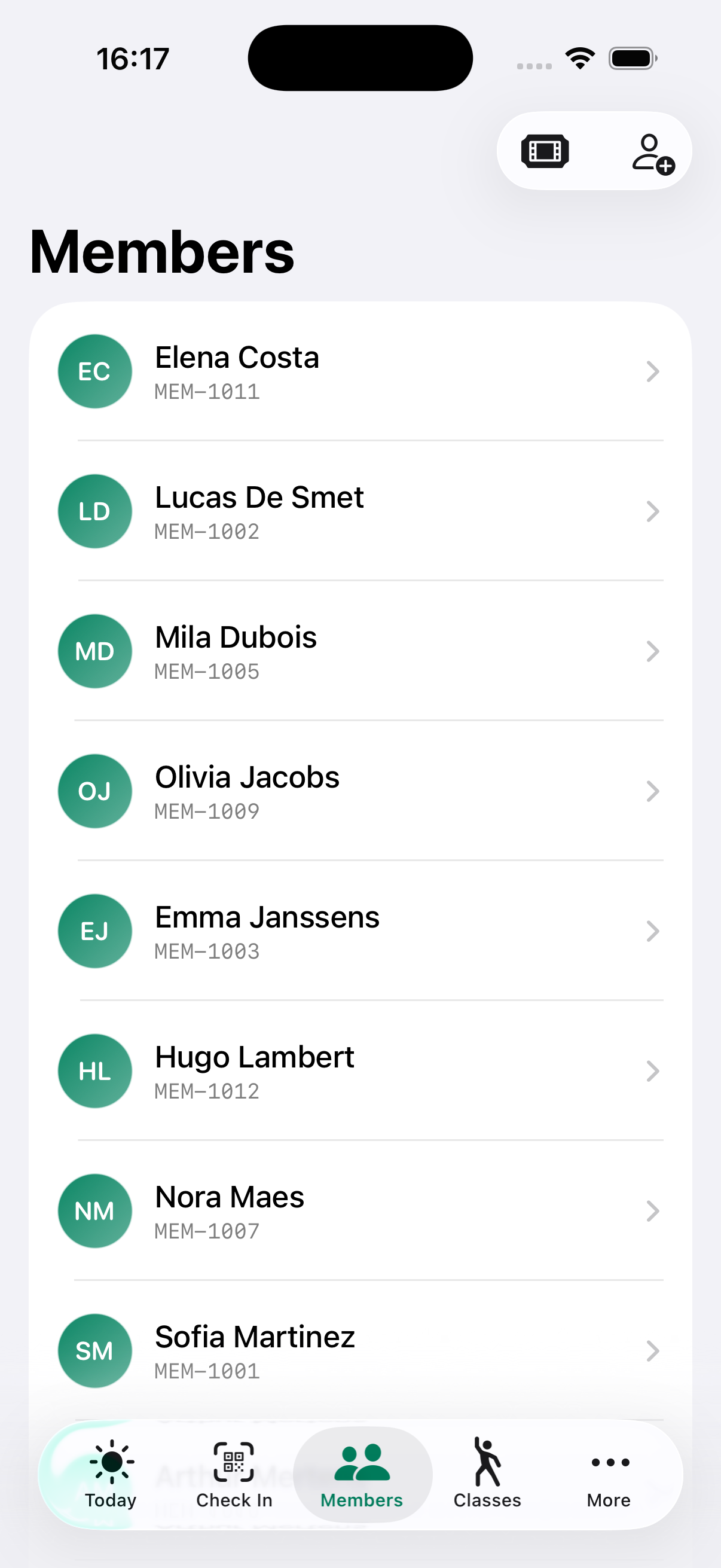 Members list with sample member records on iPhone