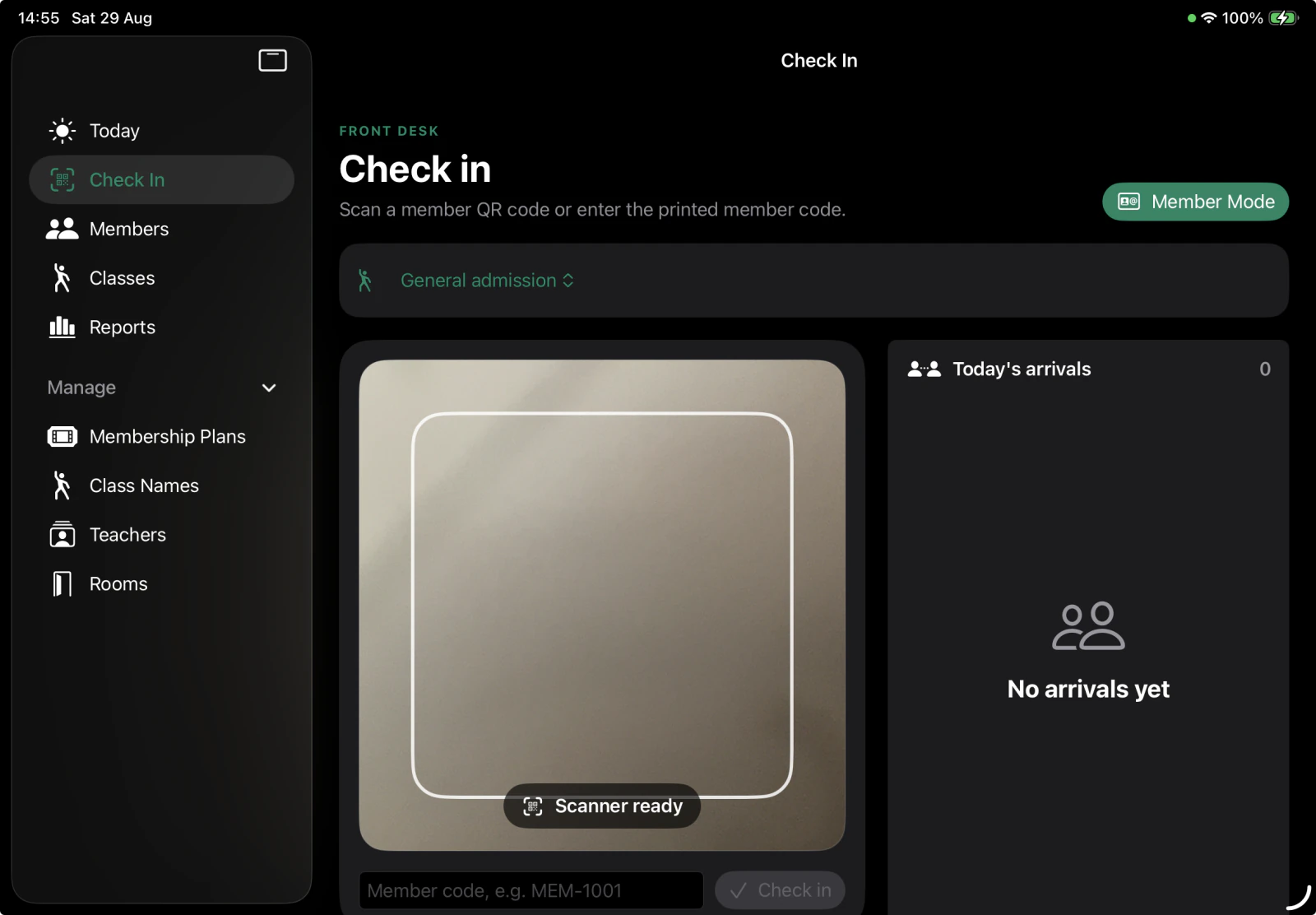 The real Members staff-side QR check-in screen on iPad in dark mode