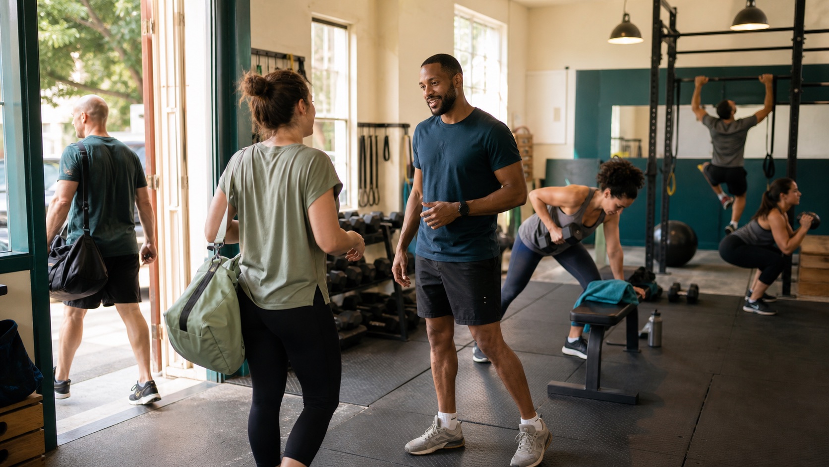 People arriving and training at an independent gym