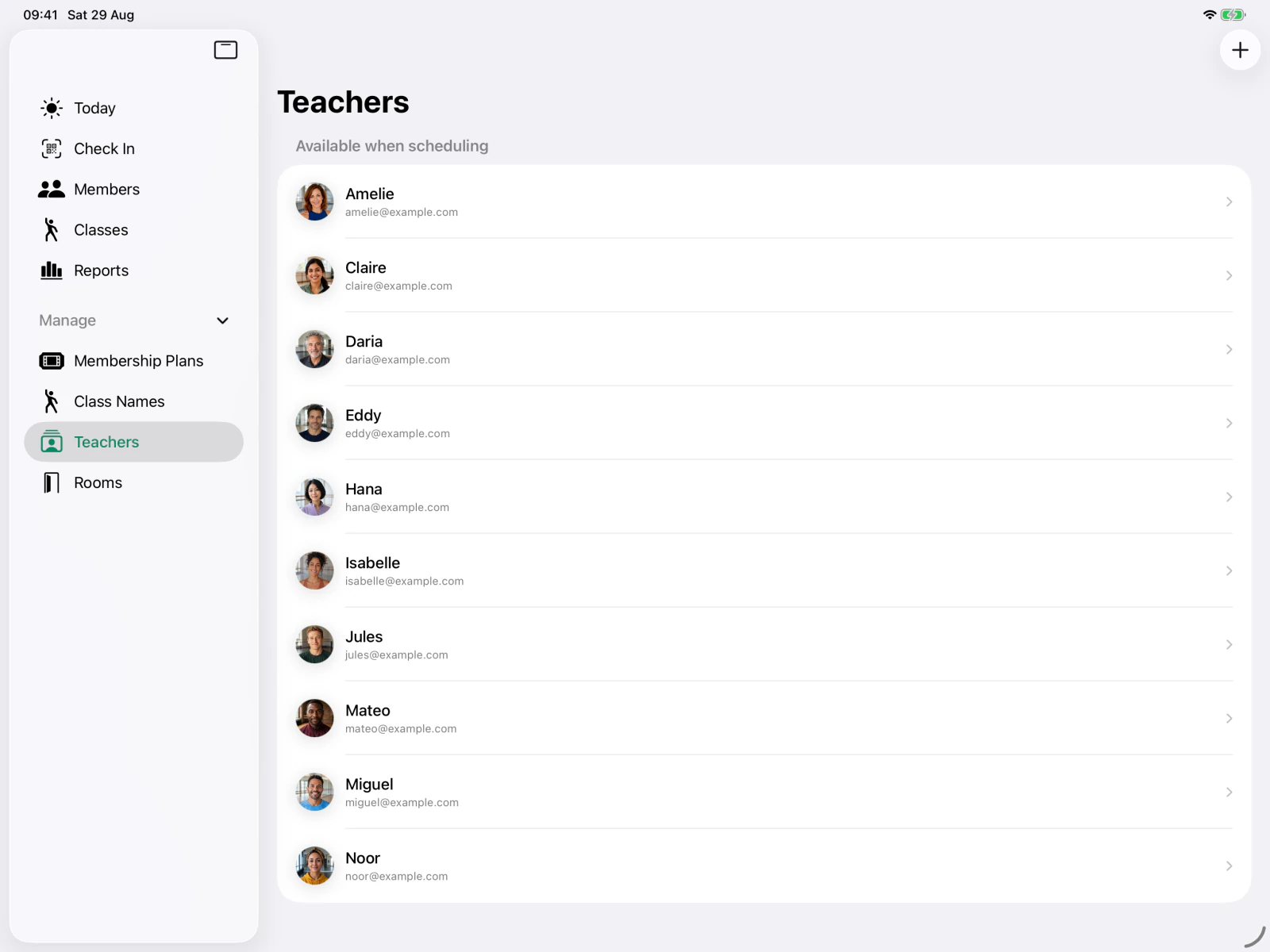 Photographed teachers in the real Members iPad directory in light mode