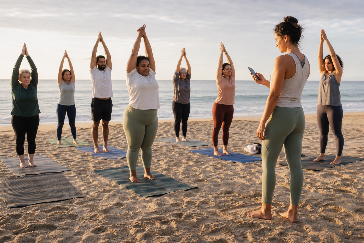 A beach yoga organiser checking attendance on an iPhone as a class gathers on the sand