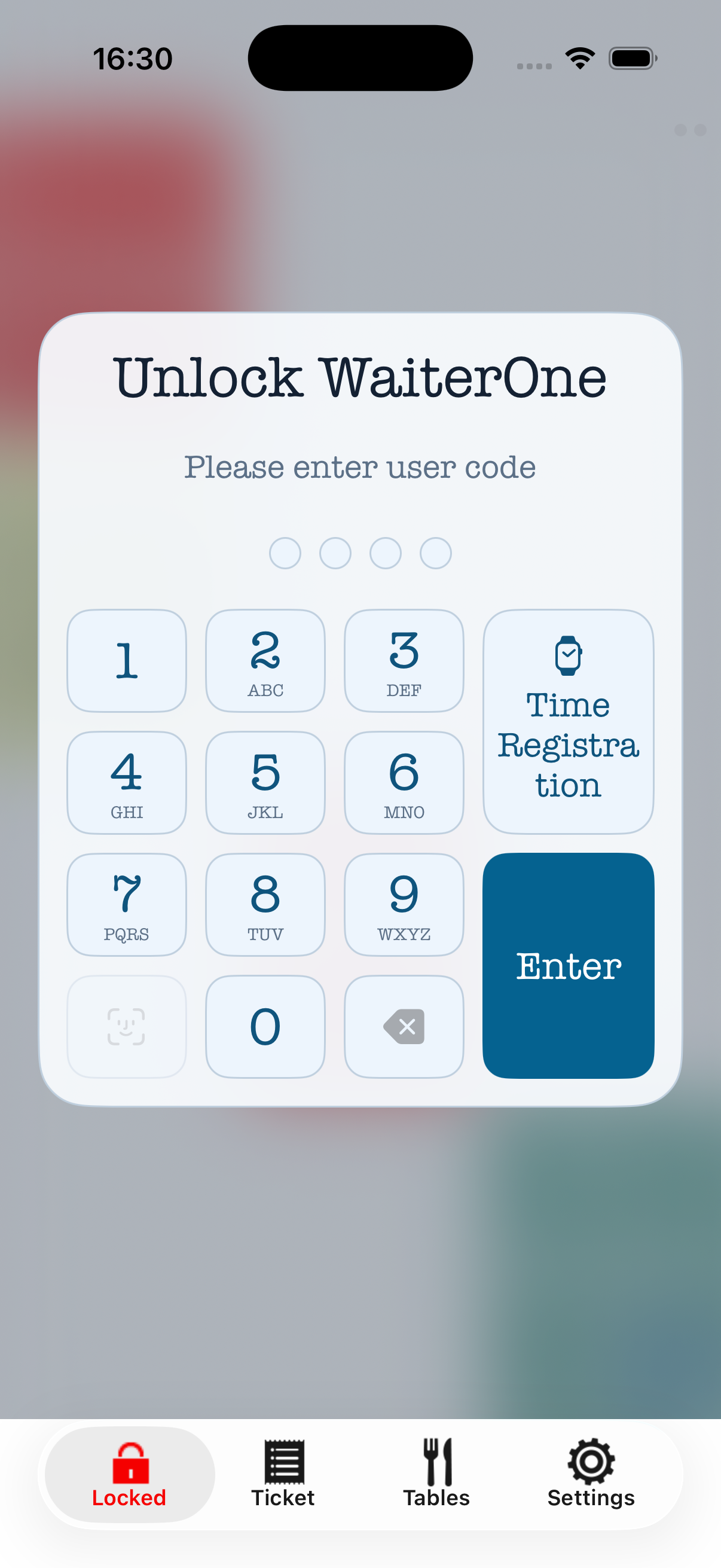 Gesperrter iPhone-Bildschirm von Remote mit Mitarbeitercode-Tastatur und Time Registration.
