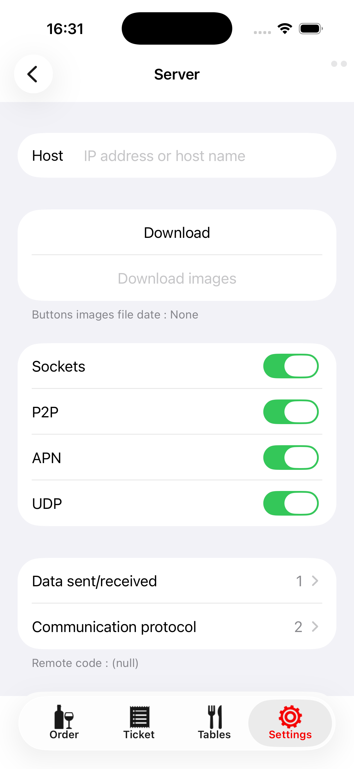 Remote-Serverbildschirm mit leerem Host-Feld, Download, Download images und Kommunikationsschaltern.