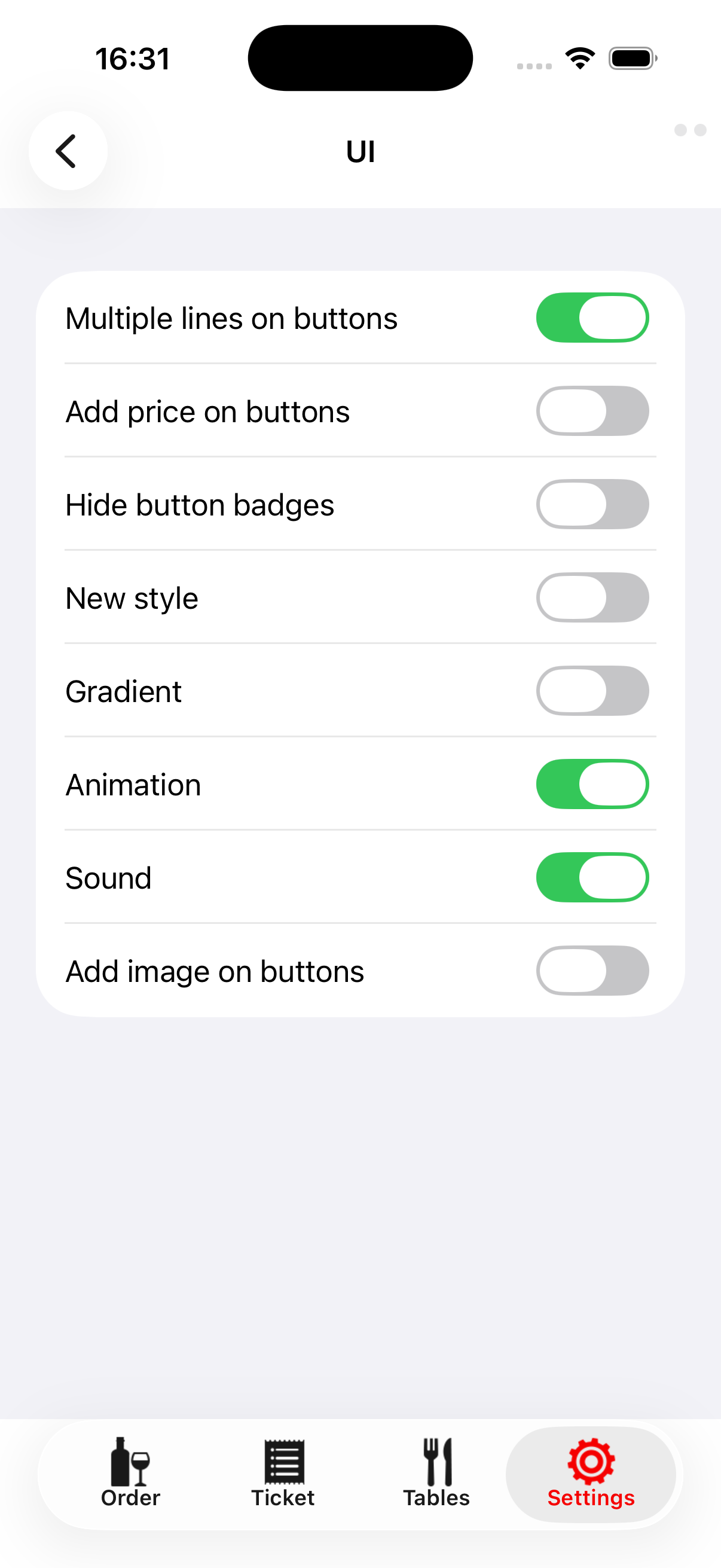 Remote-UI-Einstellungen für Schaltflächentext, Preise, Kennzeichnungen, Darstellung, Animation, Ton und Bilder.